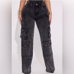 NEW Fashion Nova Mad For You Cargo Jeans - Acid Wash Black